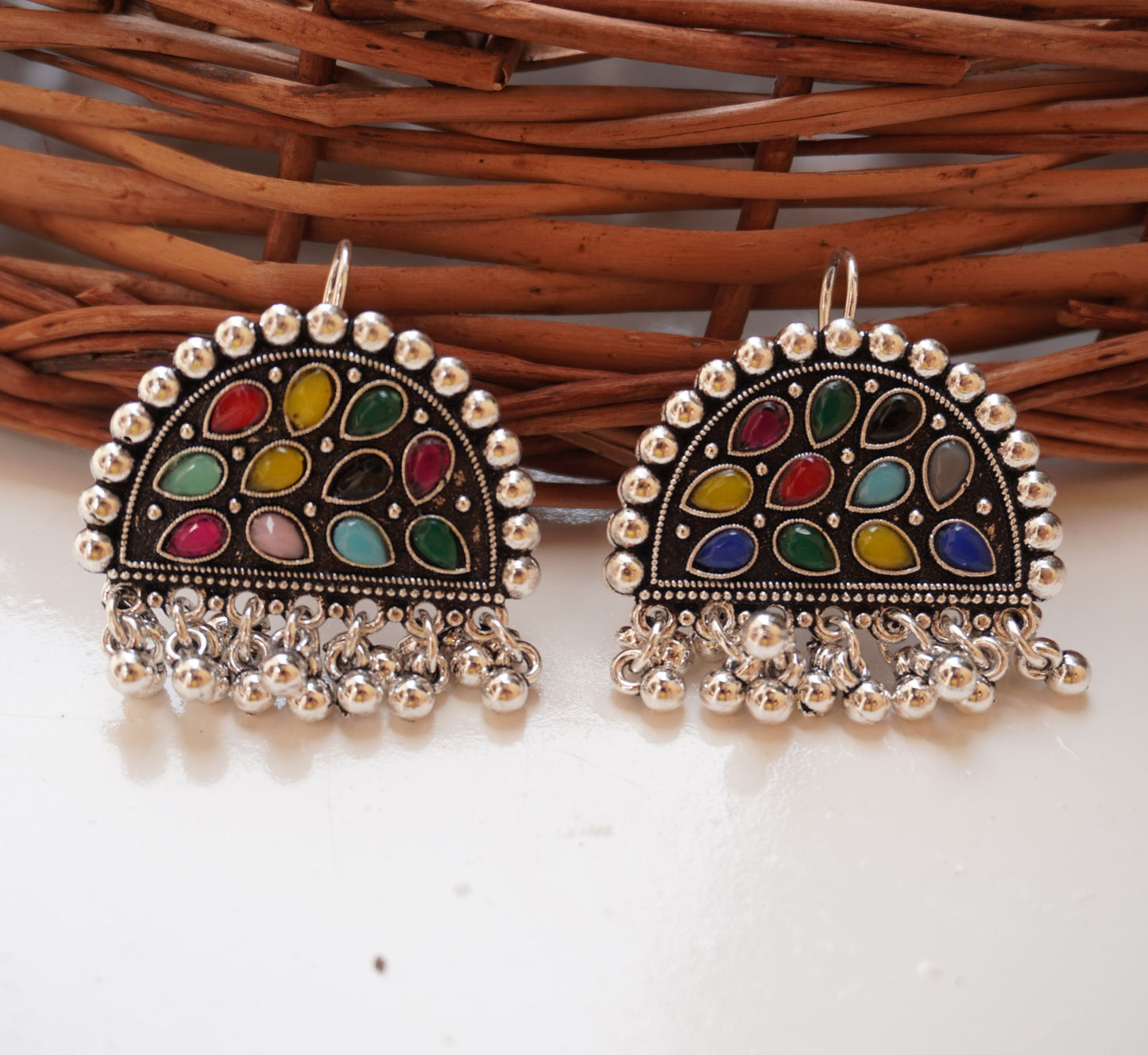 Antique Silver Half-Moon Stone Earrings