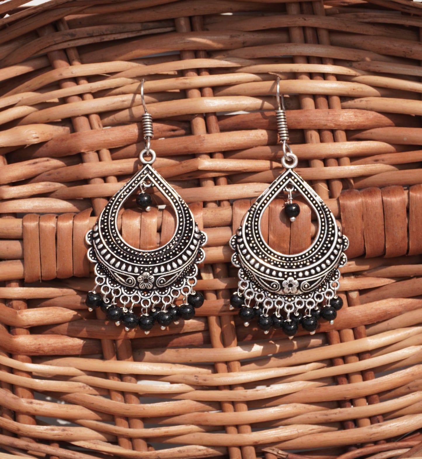 Oxidized Silver Jhumka Drop Earrings with Stone