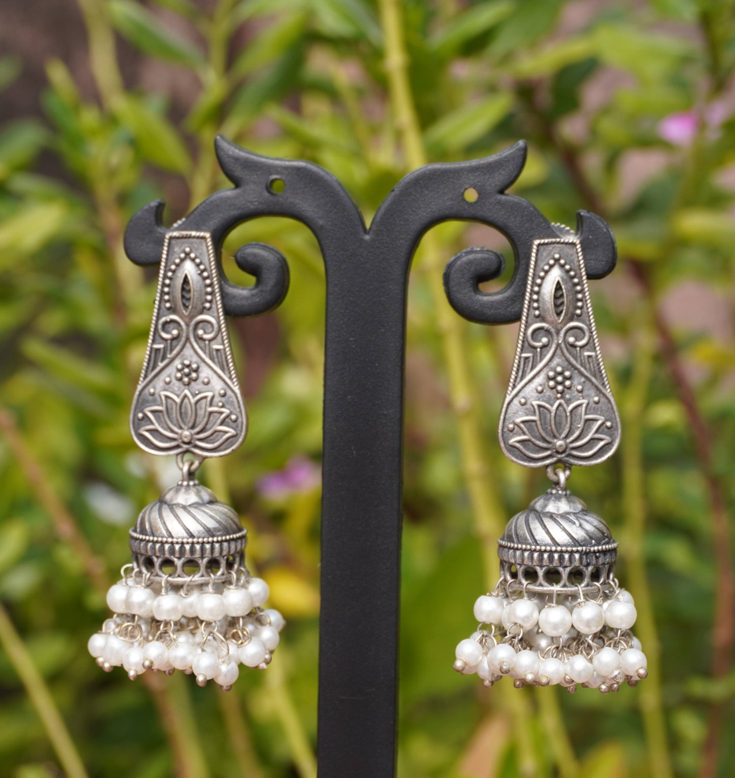 Lotus Jhumka Earrings with Layered Pearl Drops