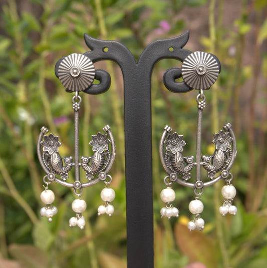 Silver Jhumka Earrings with Floral Motif & Pearl Drops