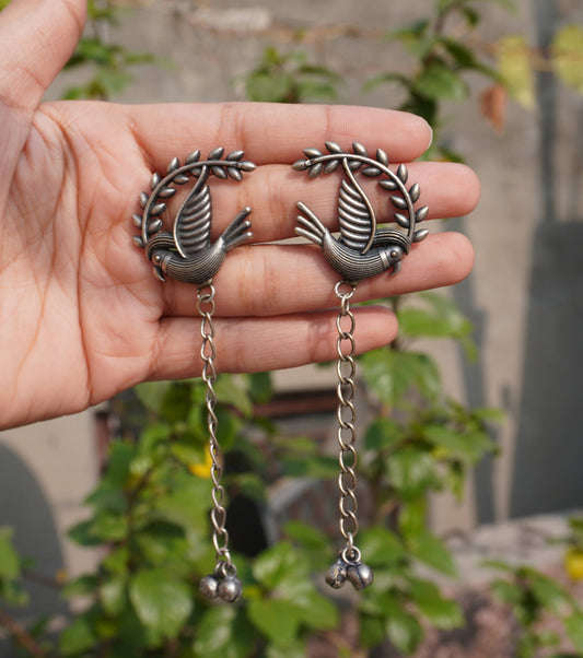 Silver Bird & Branch Stud with Long Dangling Chain