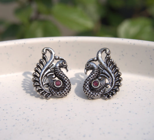 Intricate Oxidized Peacock Stud Earrings