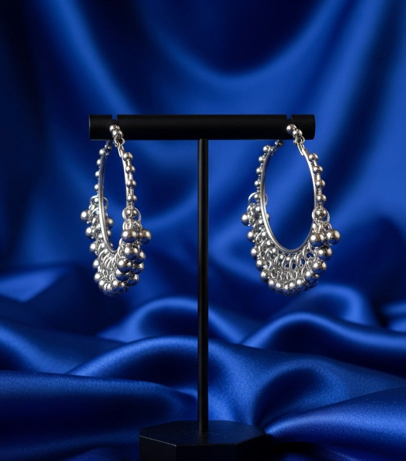 Oxidized Silver Hoop Earrings with Ghungroo Detailing