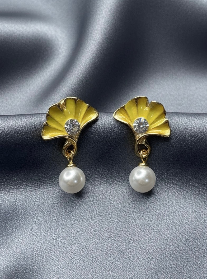 Sunshine Ginkgo Leaf & Pearl Drop Earrings | Enamel Yellow | Nature-Inspired