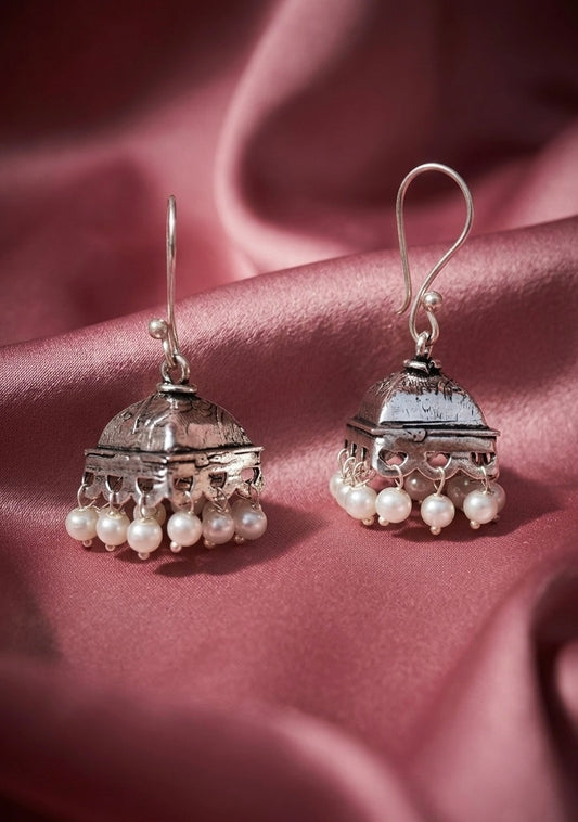 Oxidized Silver Square-Top Jhumkas | Traditional Indian Drop Earrings with Pearls