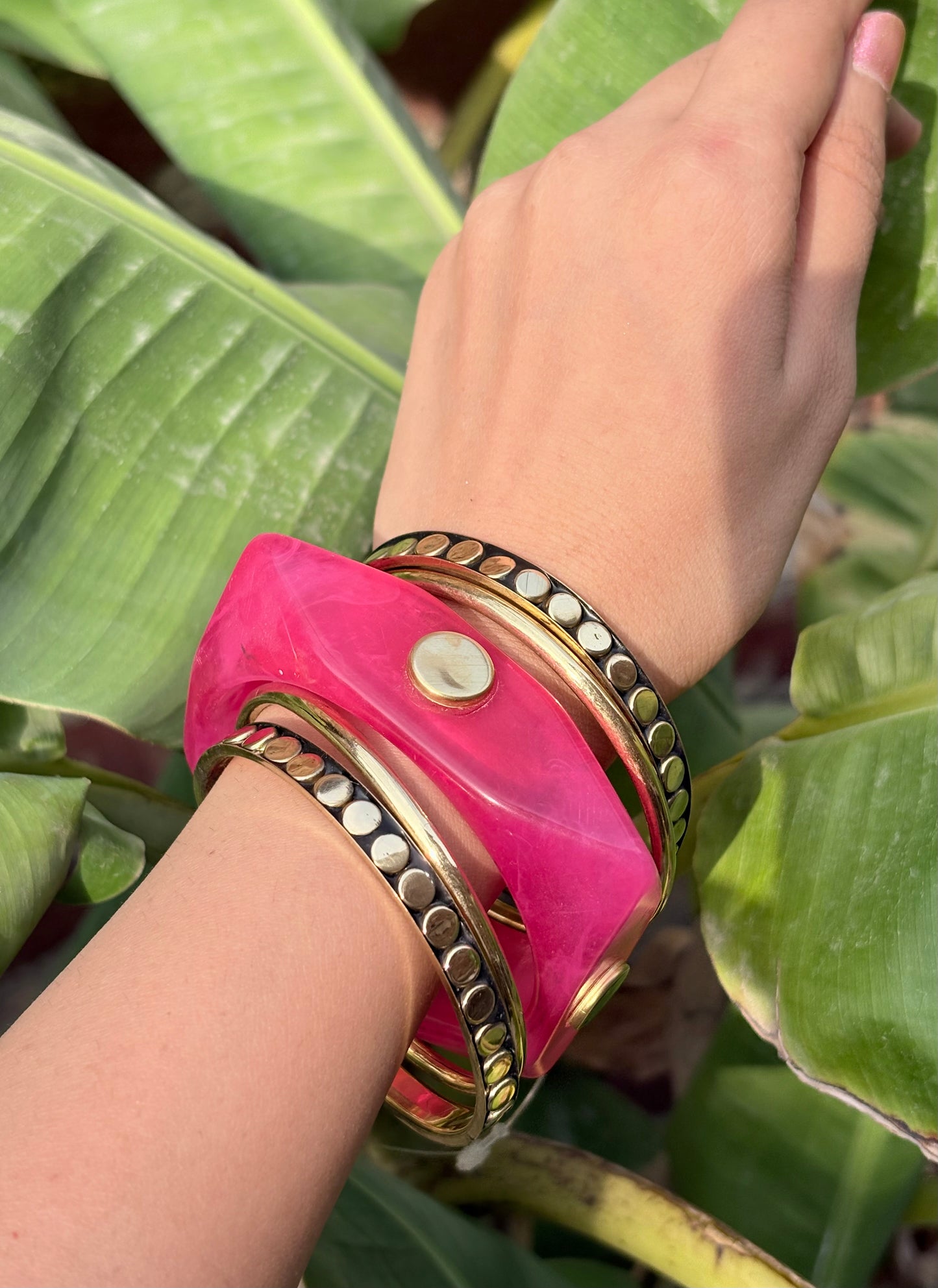 Vibrant Pink Resin & Gold-Tone Bangle Stack | Bold Geometric Chunky Bracelet Set