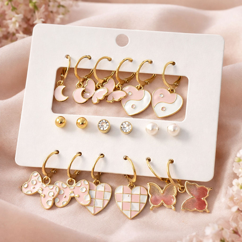 9-Pair Pinterest Pastel Pink Charm Hoop & Stud Set - Coquette Aesthetic Jewelry