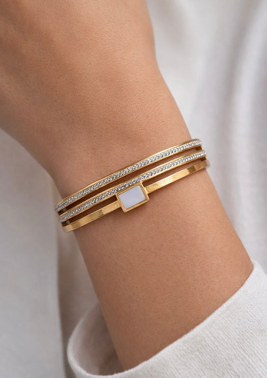 Baby Size Gold Minimalist Bar Bangle | Elegant Crystal-Accented Layered Cuff Bracelet