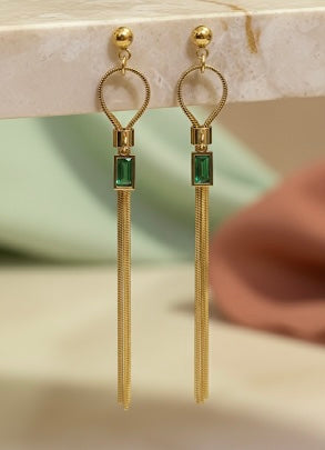 Emerald Baguette Loop Earrings – Sleek Gold Serpent Chain Dangles
