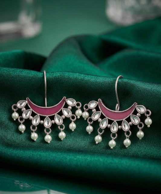 Magenta Pop Crescent Kundan Studs – Oxidized Silver Chand Earrings with Pearl Accents