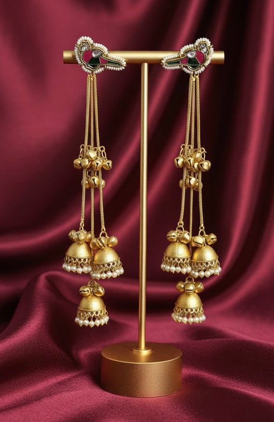 Authentic Bird Motif Triple Layered Kashmiri Jhumka Strings – Luxe Bridal Statement Earrings