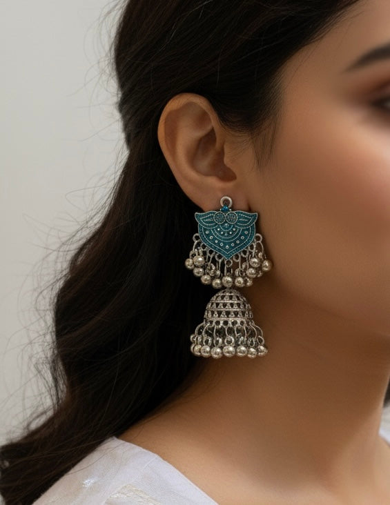 Traditional Silver Blue Enamel Jhumka Earrings