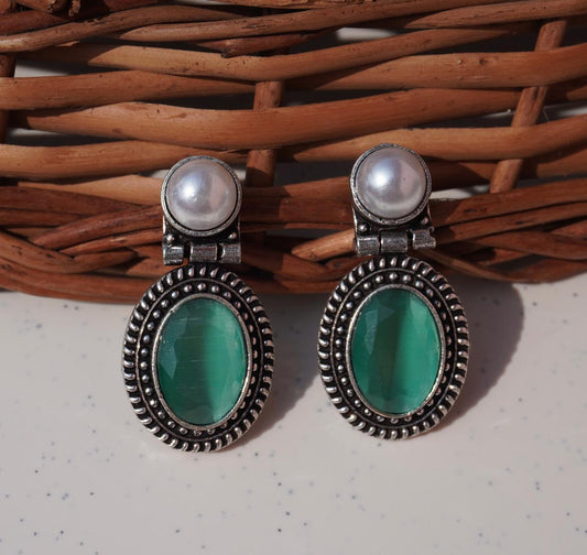 Pearl Stud & Green Glass Drop Earrings
