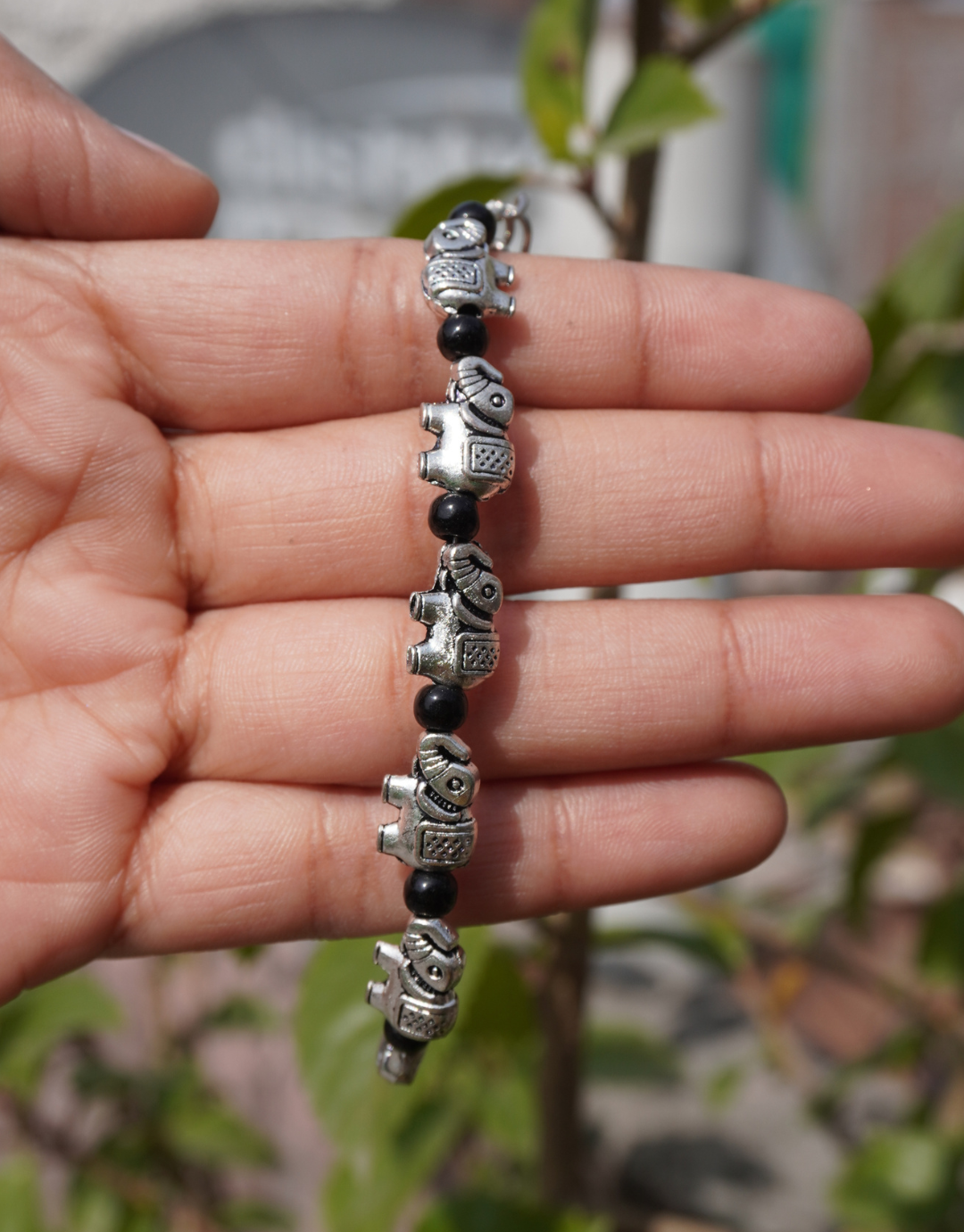 Elephant & Black Onyx "Good Luck" Beaded Bracelet
