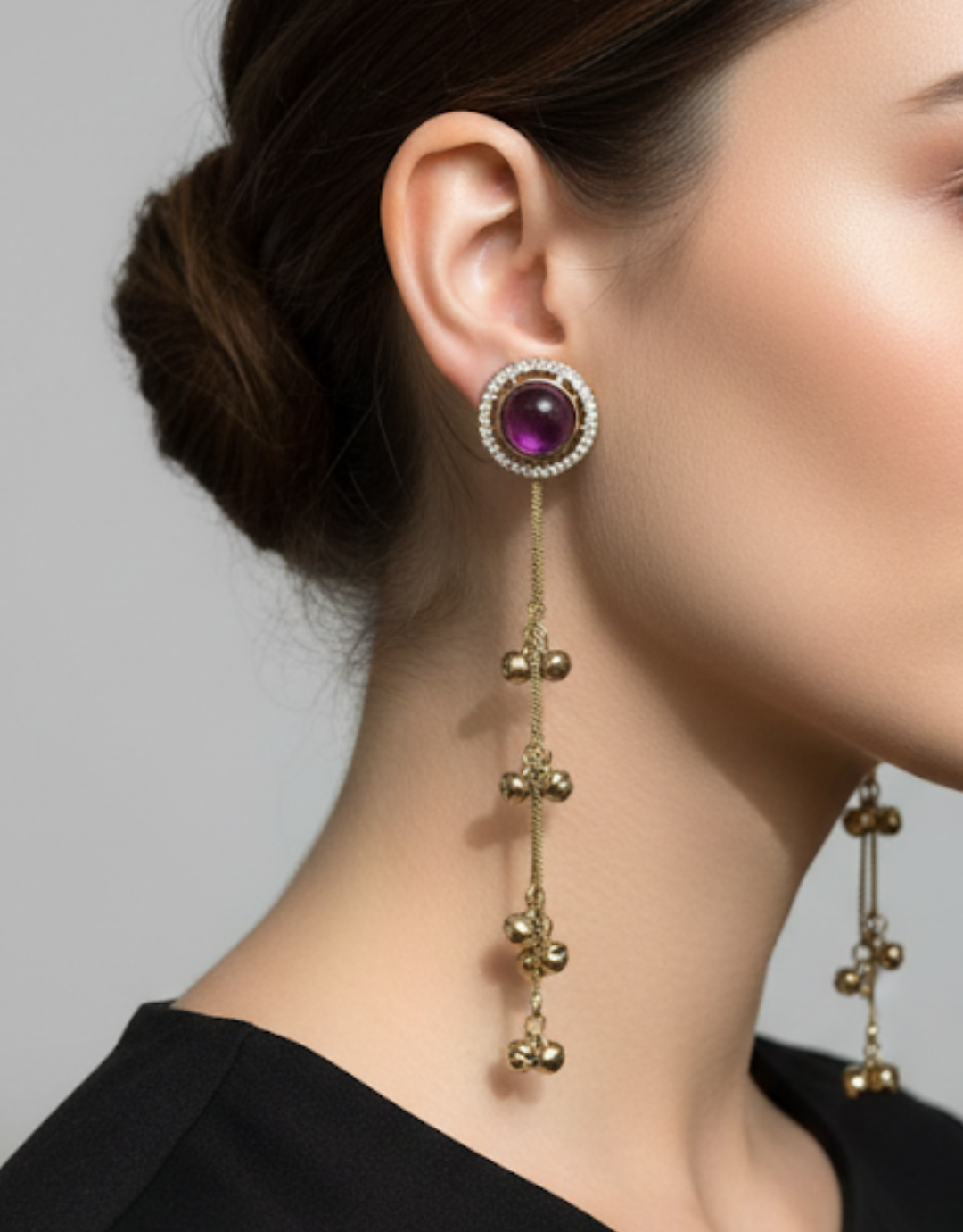 Kashmiri Heritage Amethyst Drop Earrings – Traditional Gold Tassel Statement Jhumkas