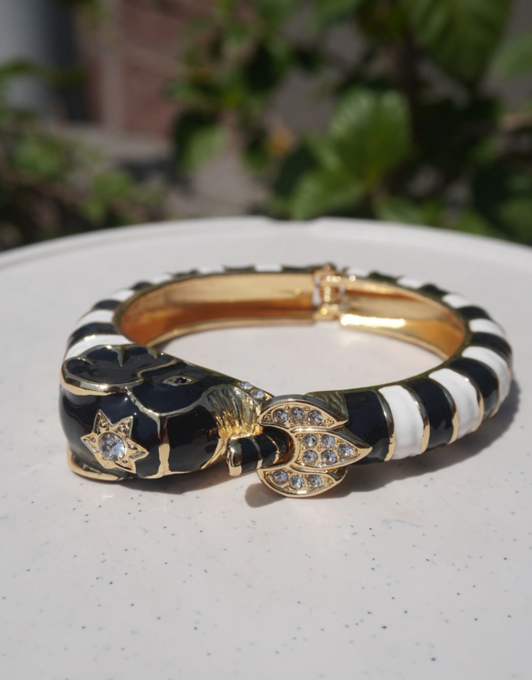 Luxury Elephant Motif Bangle – Enamel Black & White Striped Bracelet with Gold-Tone Accents and Crystal Embellishments