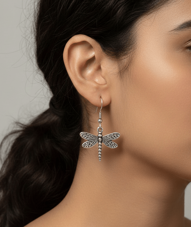 Dragonfly Dangler Oxidized Silver-Toned Drop Earrings