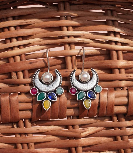 Crescent Moon Earrings with Pearl and Multi-Color Stones