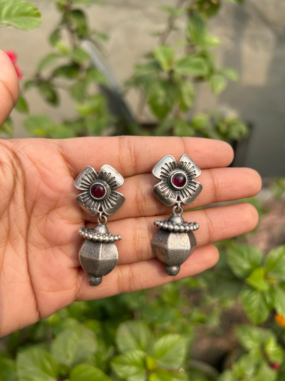 Oxidised Flower & Geometric Dangle Earrings