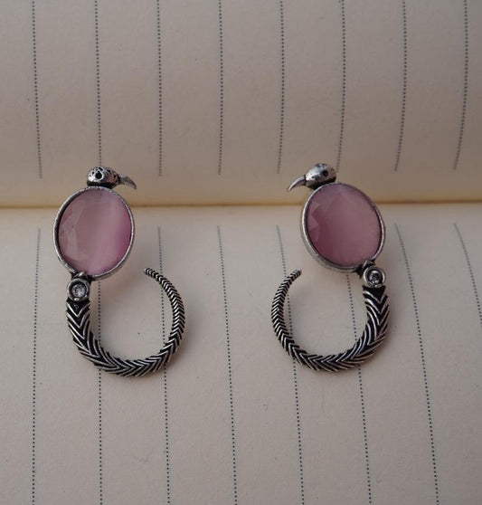 Pink Stone Antique Silver Hoop Earrings