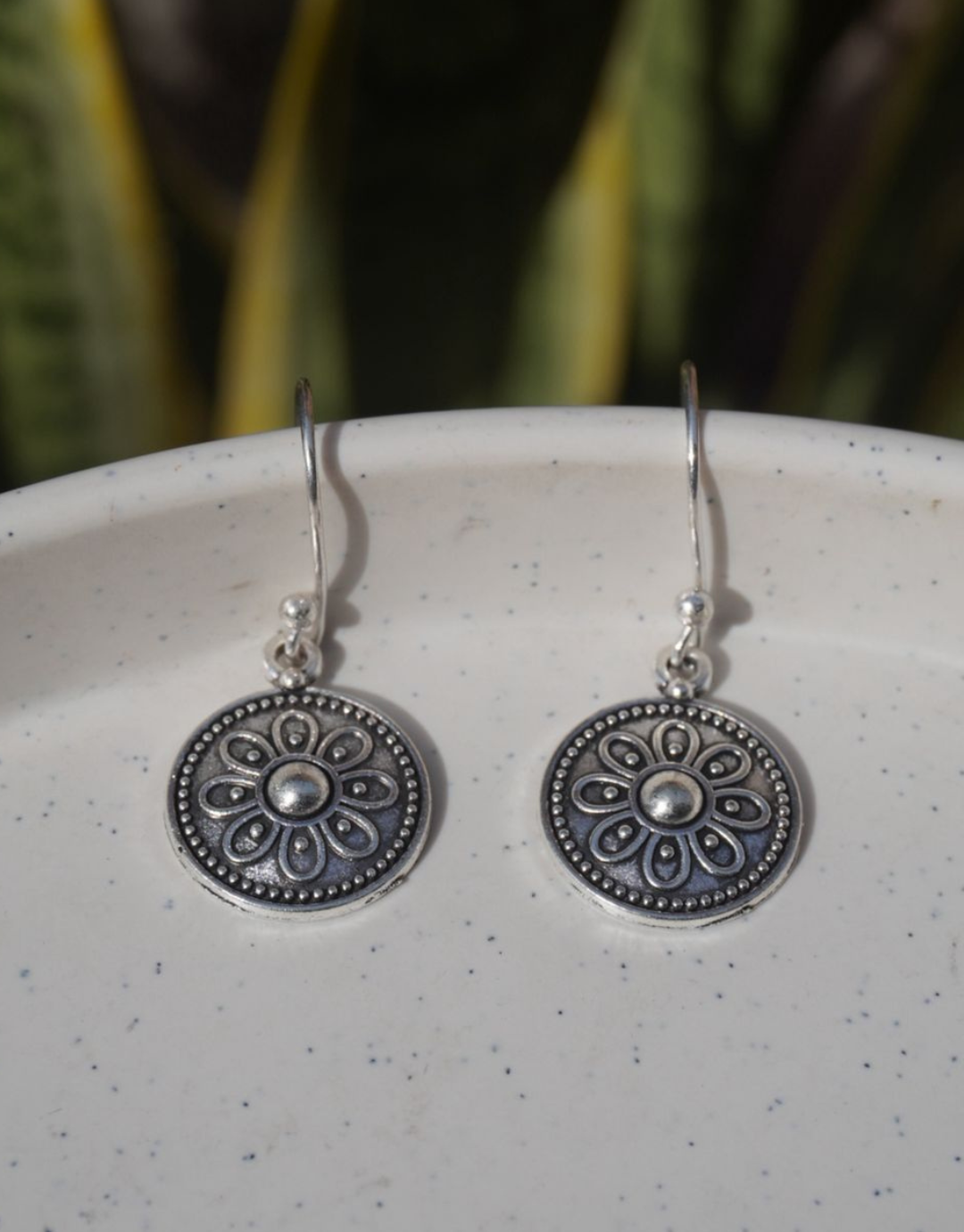 Vintage Sterling Silver Mandala Flower Drop Earrings | Bohemian Oxidized Round Dangle Earrings for Women