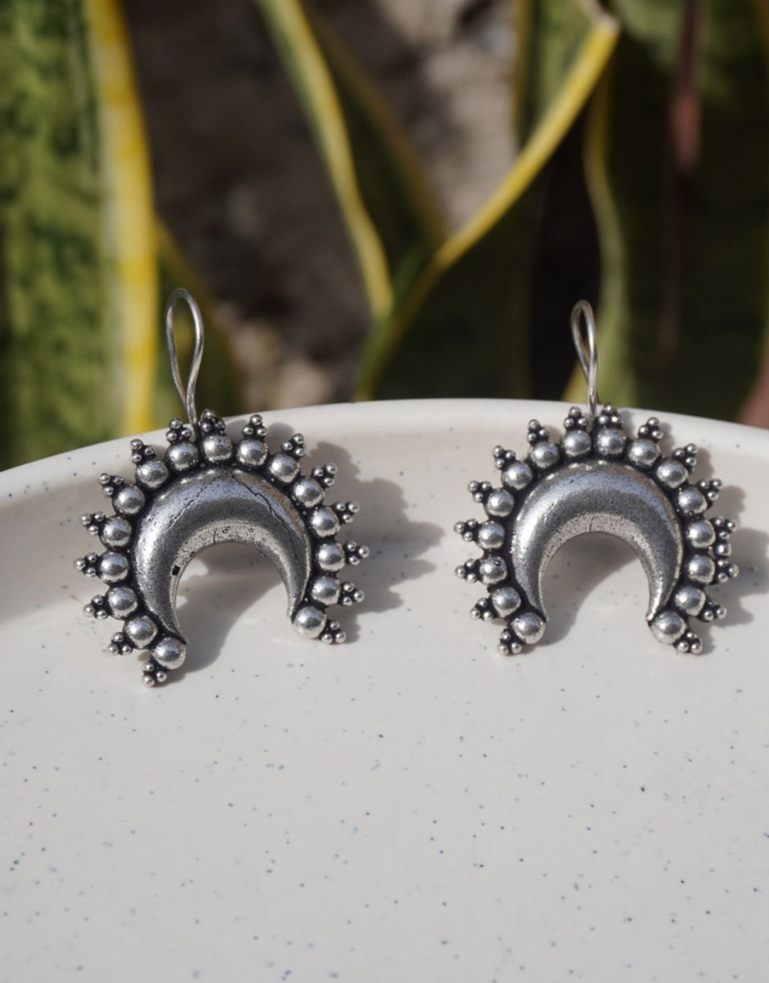 Beaded Moon Crescent Oxidized Earrings