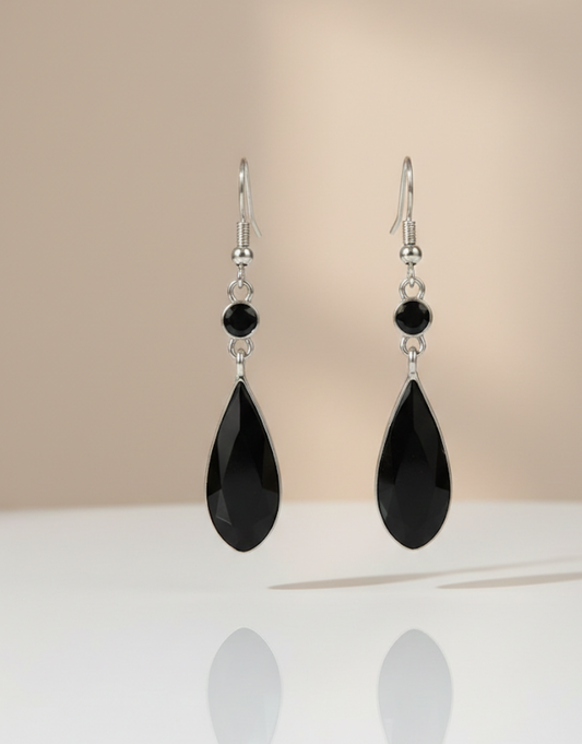 Midnight Onyx Teardrop Earrings – Elegant Silver-Tone Dangle Earrings for Women