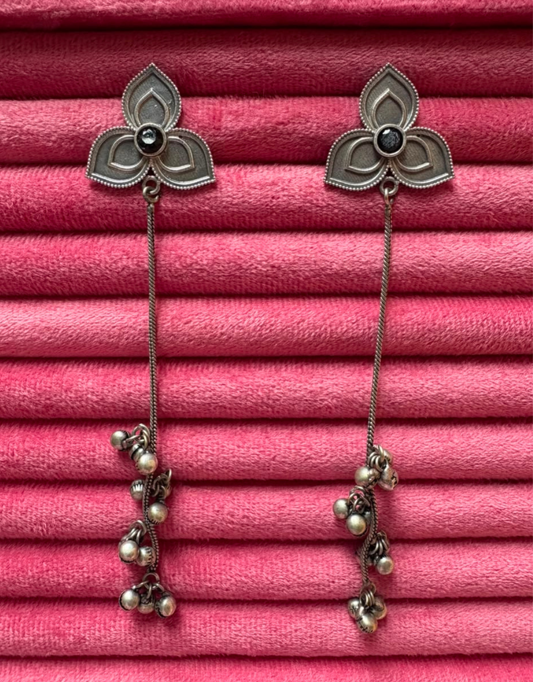 Tribal Chic Oxidised Lotus Drop Earrings with Ghungroo Tassels | Kashmiri Jhumka