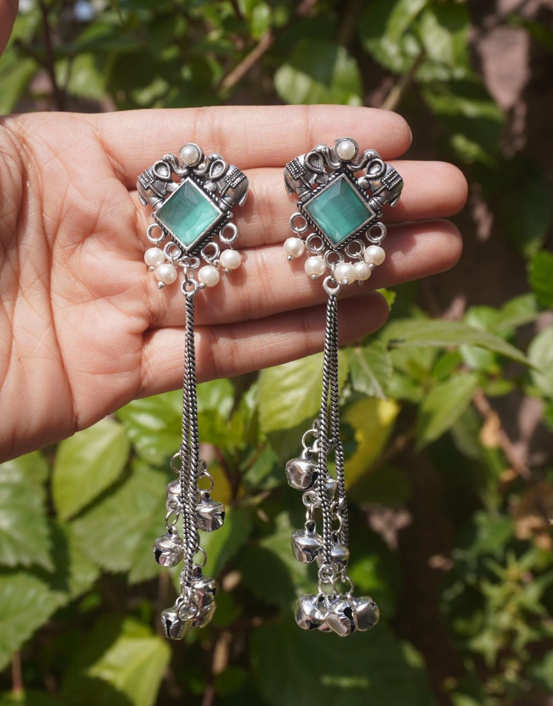 Sea-Green Stone Long Tassel Kashmiri Earrings