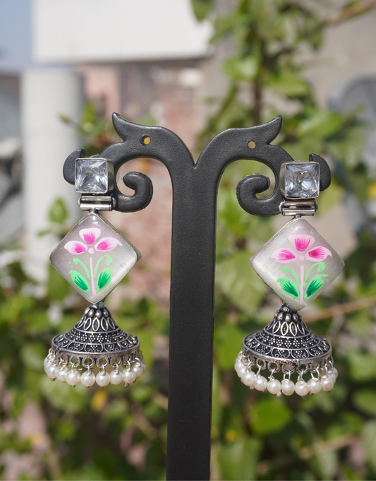 Painted Floral Jhumka Earrings with Square Stud and Pearl Drops