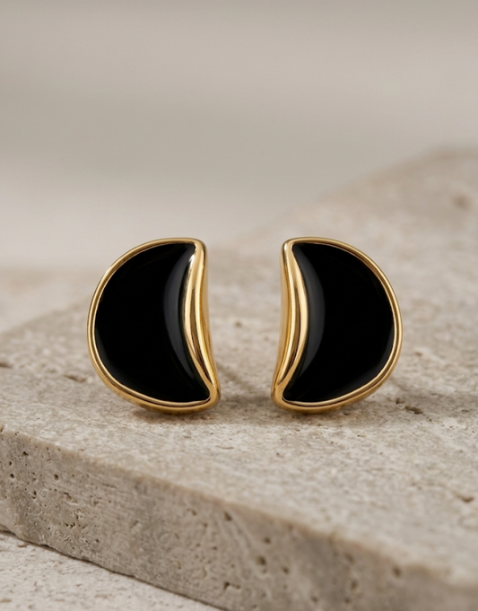 Luxury Black Onyx-Style Arc Earrings in Polished Gold Finish