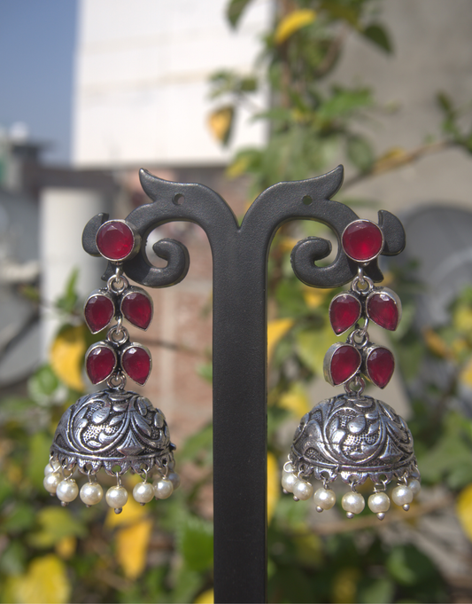 Ruby Red & Oxidized Silver Petite Jhumka Earrings with Pearl Drops