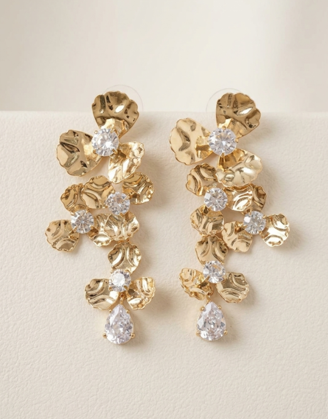 Textured Gold Floral Cascade Earrings with Crystals