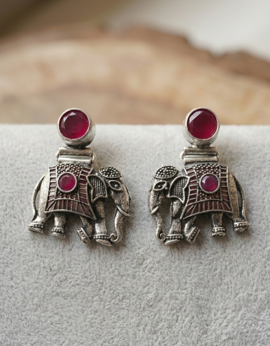 Oxidized Silver Elephant Motif Earrings with Ruby Pink Accents