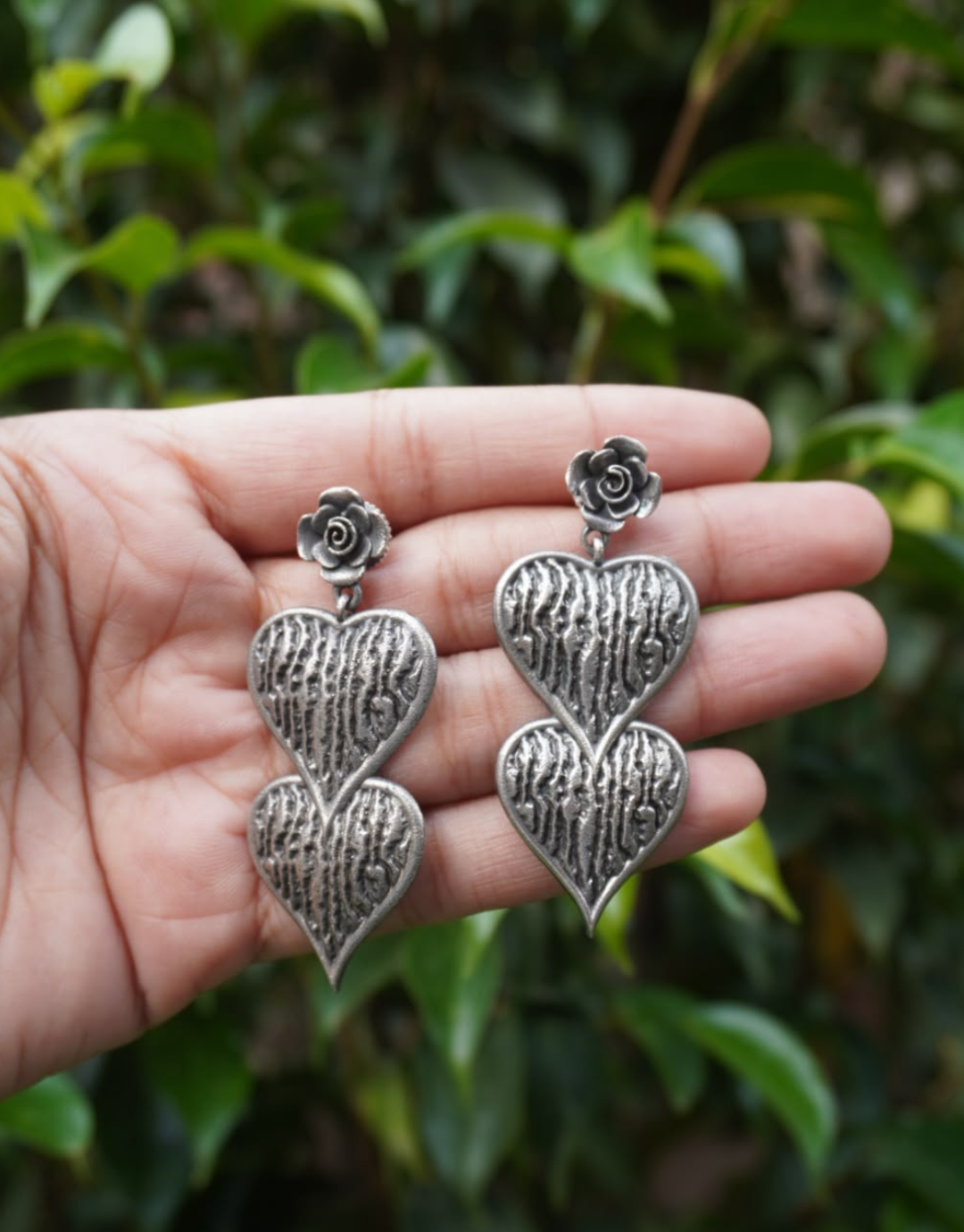 Oxidized Silver Double Heart Rose Earrings