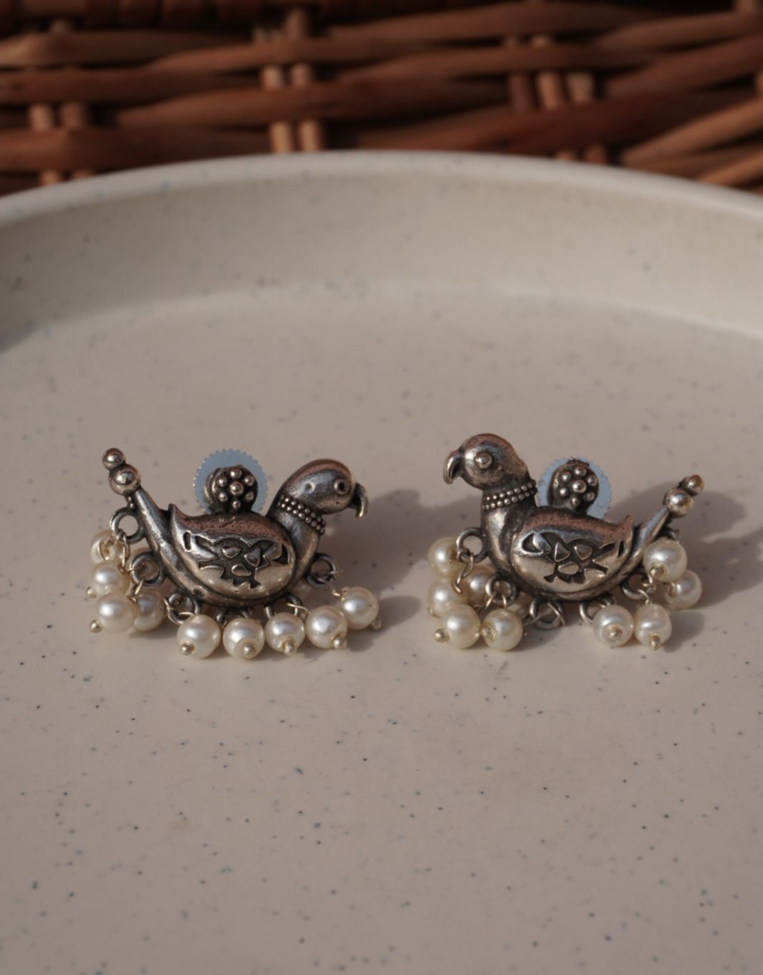 Sterling Silver Bird Motif Studs with Pearl Droplets