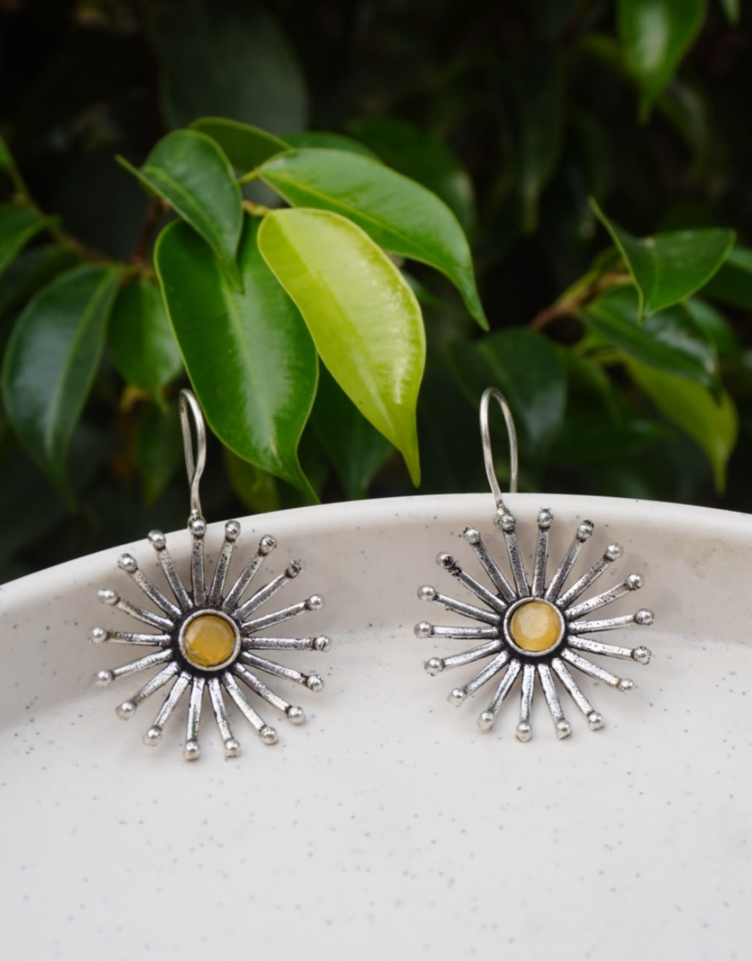 Sunburst Drop Earrings with Amber Yellow Stone | Oxidised Silver