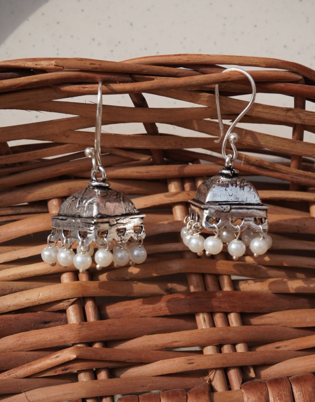 Oxidized Silver Square-Top Jhumkas | Traditional Indian Drop Earrings with Pearls