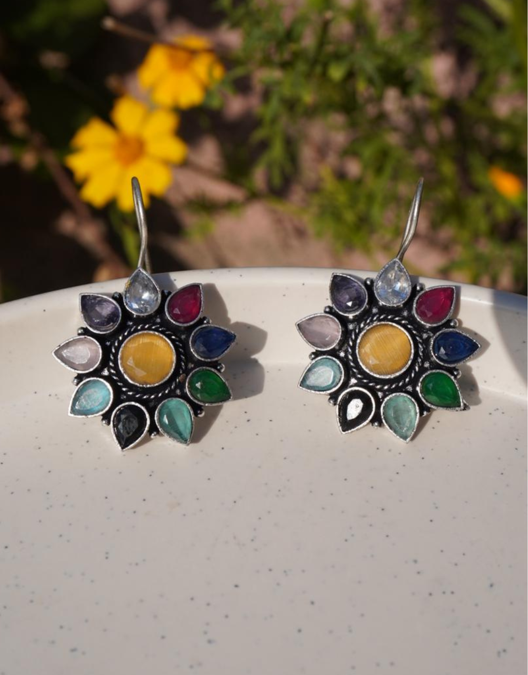 Multi-Gemstone Flower Drop Earrings in Sterling Silver