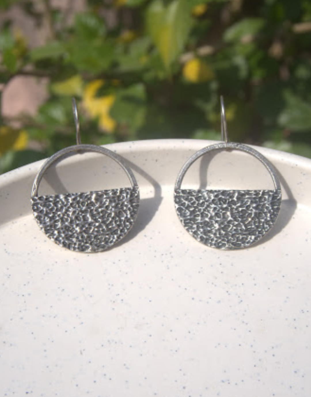 Hammered Silver Eclipse Earrings | Geometric Crescent Hoop Drops
