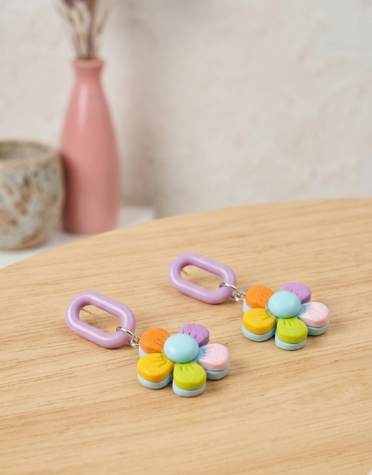 Pastel Rainbow Daisy Drop Earrings with Lilac Hoops