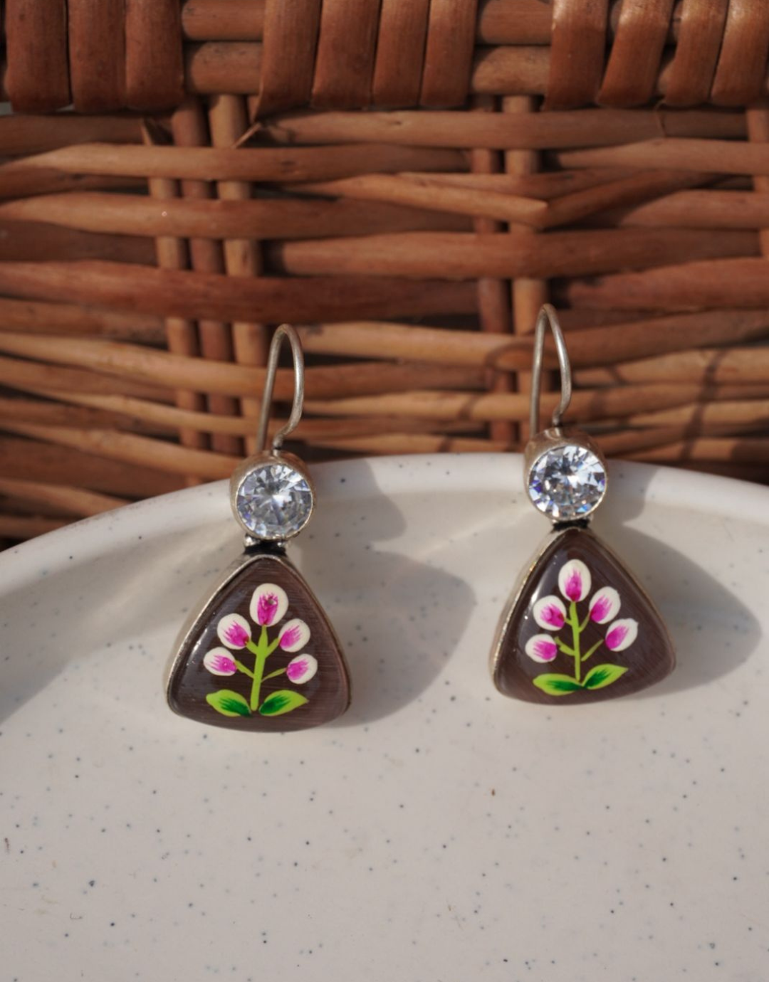 Painted Floral Meenakari Triangle Drop Earrings with Crystal Accent