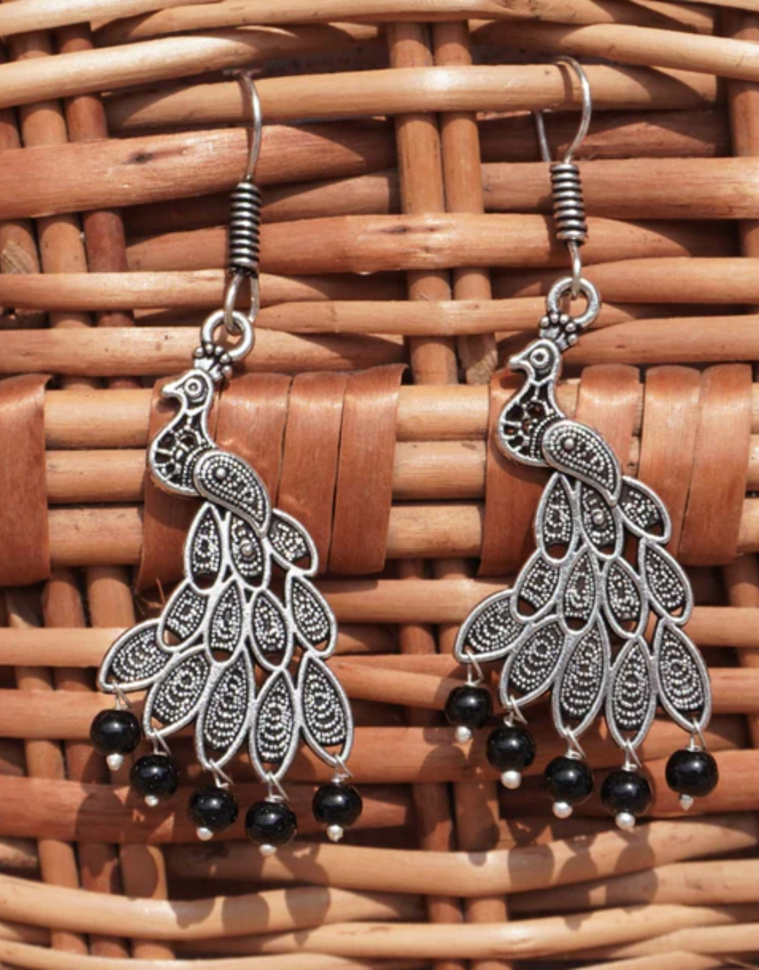 Oxidised Peacock Drop Earrings with Beads