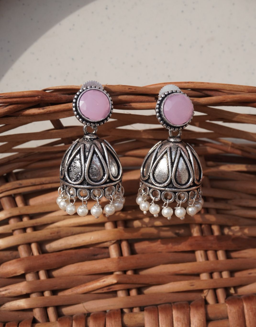 Pastel Pink Stud Oxidized Jhumka Earrings