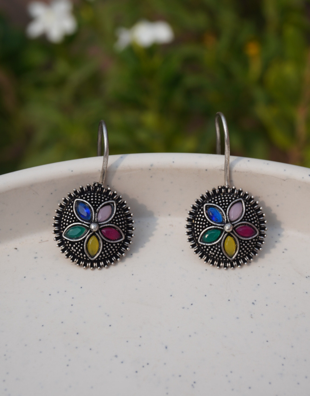 Oxidized Silver Multicolor Floral Drop Earrings
