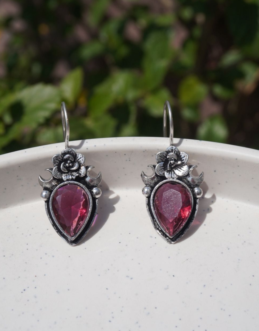 Silver Rose Earrings with Teardrop Pink Crystal Accents