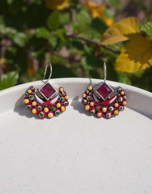 Meenakari Crescent Earrings with Ruby-Tone Centerstone