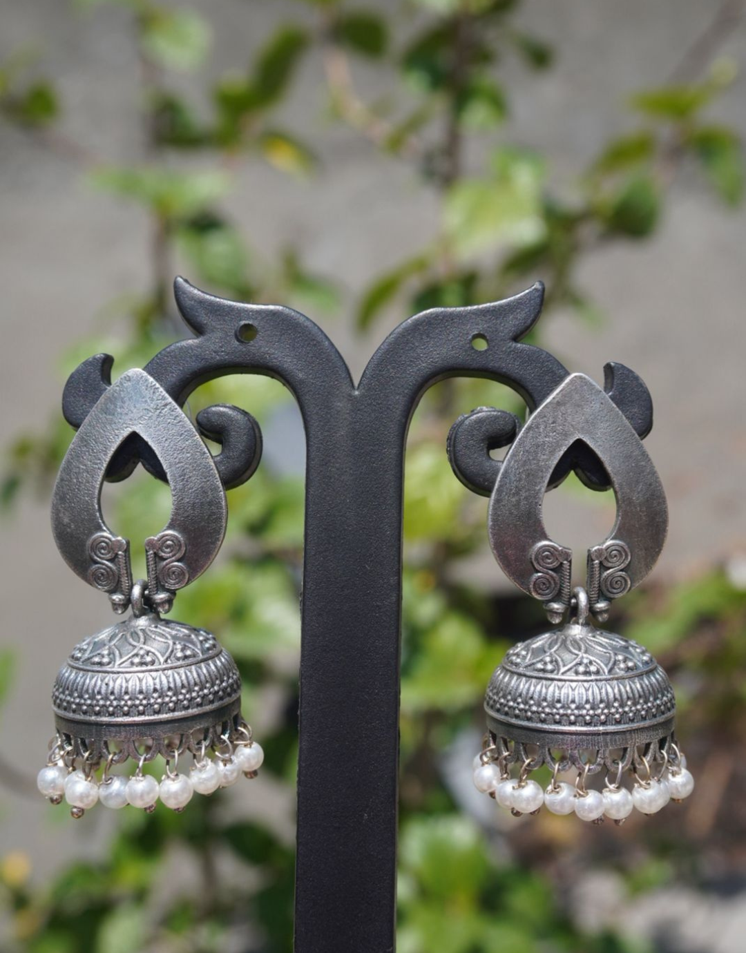 Premium Oxidized Silver Jhumka Earrings with Pearl Accents
