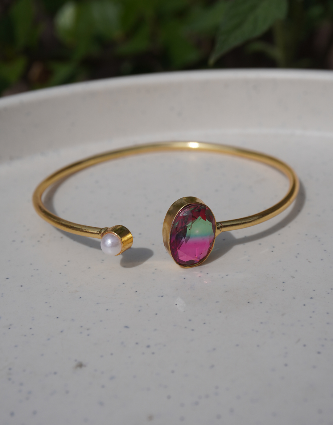 Bi-Color Tourmaline & Pearl Gold Open Cuff Brass Bracelet