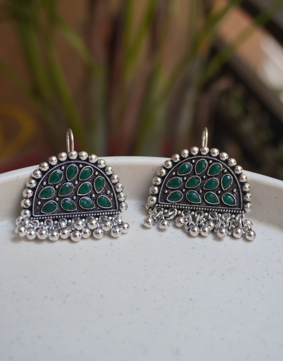 Antique Silver Half-Moon Stone Earrings